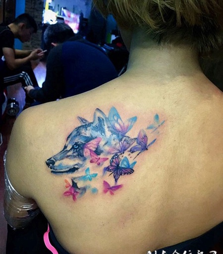 蝶魅狼影，后背蝴蝶与狼水彩纹身