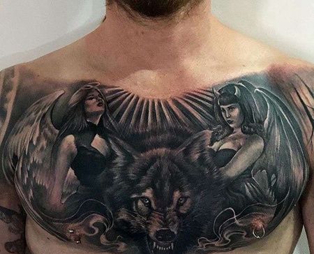 胸部黑灰女人与狼