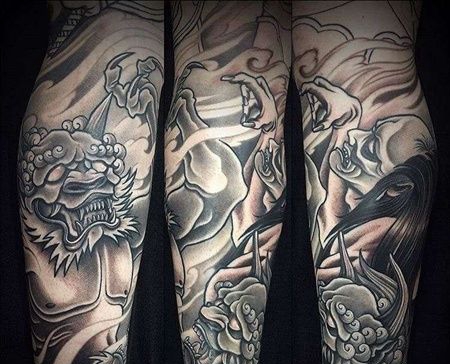 腿部包围日式传统神兽与人物