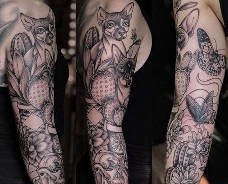 手臂包臂黑灰猫与仙人掌