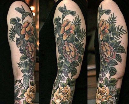 手臂包围写实花朵与鸟