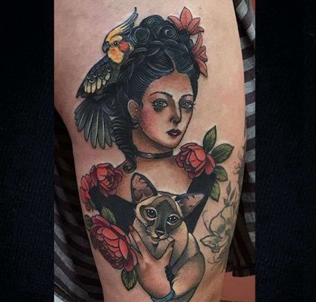 大腿外侧new school女人与猫