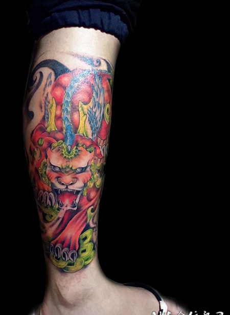 瑞兽驾临，小腿招财貔貅彩绘纹身