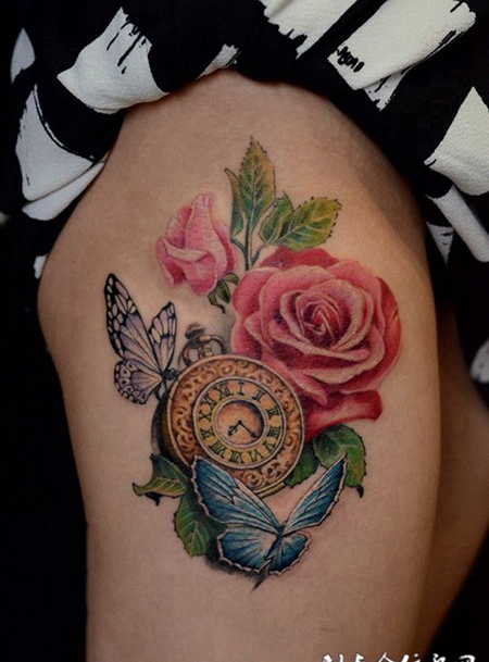惊艳的时光，腿部玫瑰花蝴蝶彩绘纹身