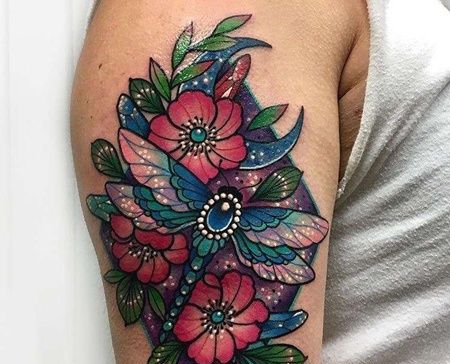 大臂外侧new school蜻蜓与花