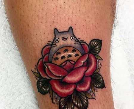 小腿后侧 卡通 蓝猫与玫瑰