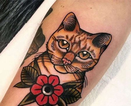 小臂内侧old school 猫咪与花