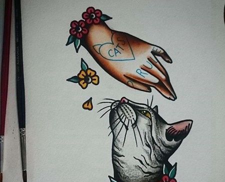 old school  手与猫