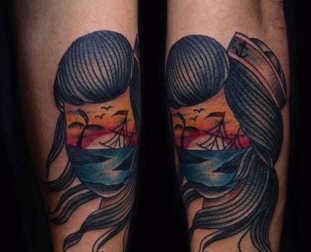 手臂外侧old school女人与大海