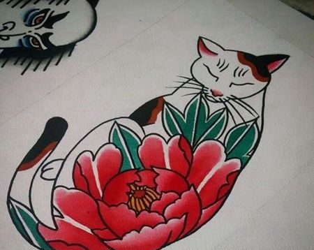 日式传统猫咪与花