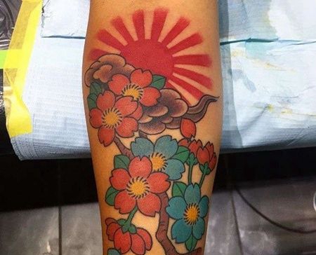 小腿外侧日式传统树与花朵