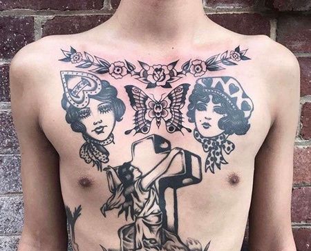 胸部old school风格女人、花朵、十字架、蝴蝶