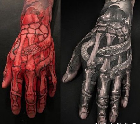 逼真3d效果的手背骷髅骨骼纹身作品