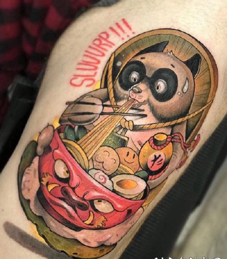 日式school动物吃拉面的纹身图片