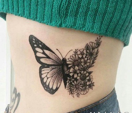 一半蝴蝶一半花草的创意纹身拼接图