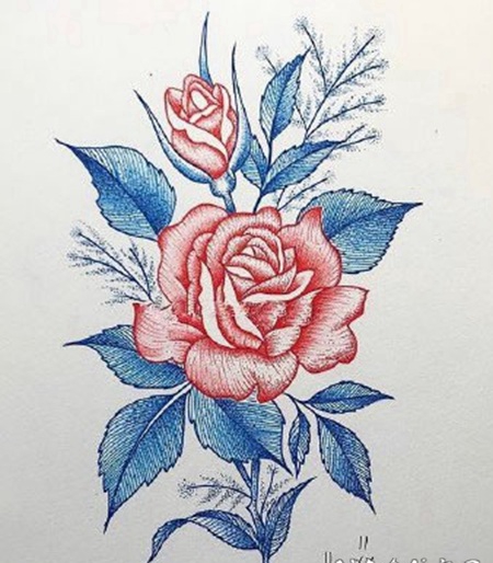 红蓝色创意的花朵纹身图案