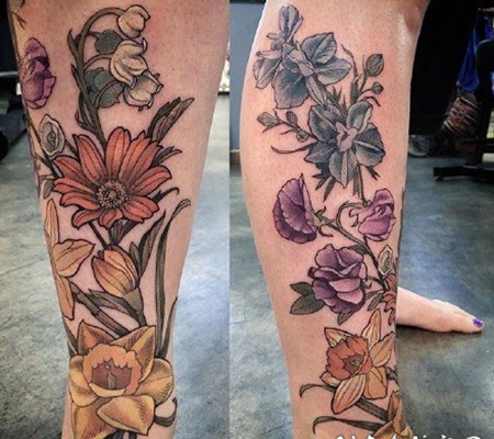 复古耐看的淡彩花朵纹身图分享