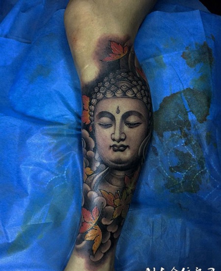 静心悟佛，小腿佛像彩绘纹身