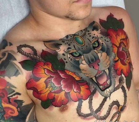 男士花胸纹身 2男性胸前霸气的大花胸纹身团作品