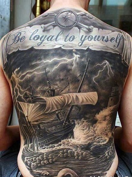 航海纹身 大面积满背航海主题的骷髅海盗船纹身作品