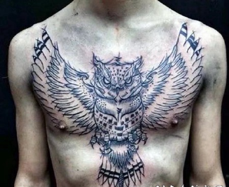 酷酷大面积花胸等猫头鹰纹身作品图案
