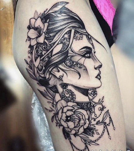 大腿女郎纹身 点刺线构大腿素描概念风女郎大腿纹身作品