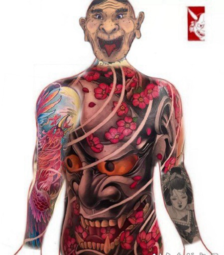 大面积的日式传统般若纹身图案