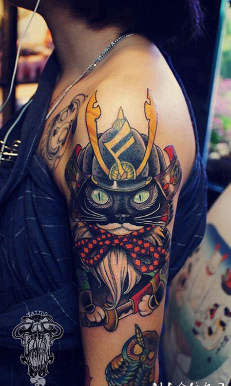 勇猛猫武士，手臂猫武士卡通纹身