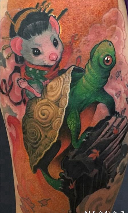 可爱至极，腿部new school卡通彩绘纹身