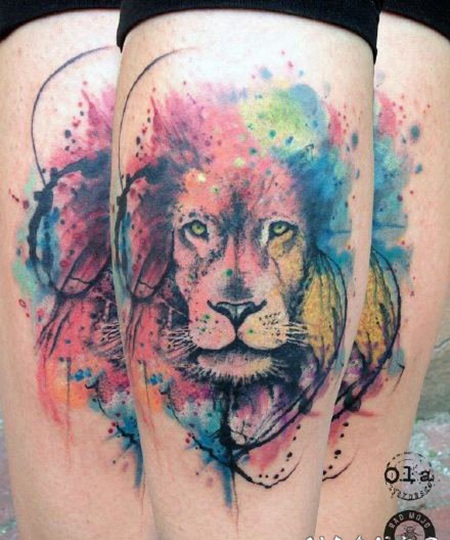 狮头纹身 好看的水彩色狮子头纹身图案