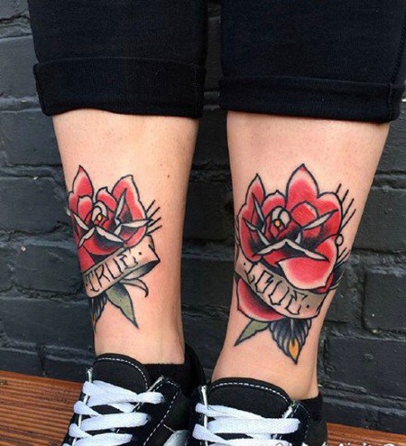 小腿前后面的oldschool纹身风格成对纹身图片