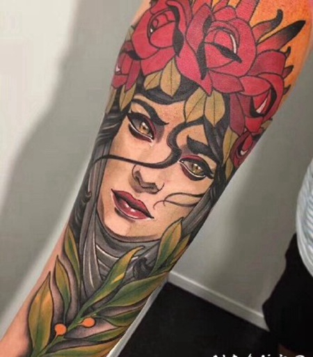 女郎包大臂纹身 school风格包臂纹身女郎图案