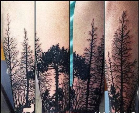 手臂上的帅气黑灰森林树木纹身作品图案