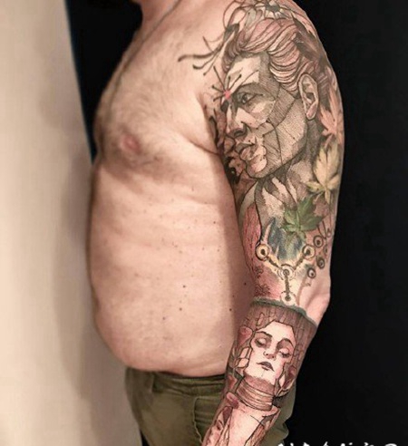 重彩色的水彩花臂花腿纹身作品图案