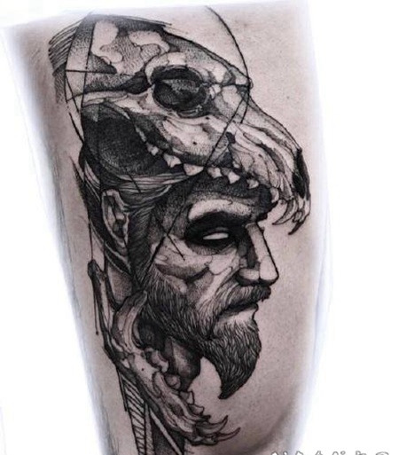 暗黑风格的包臂骷髅纹身作品图片