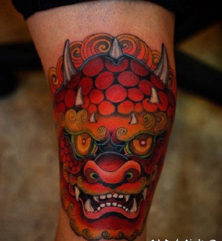传统小腿唐狮纹身图案-越南纹身师Jun Teppei作品