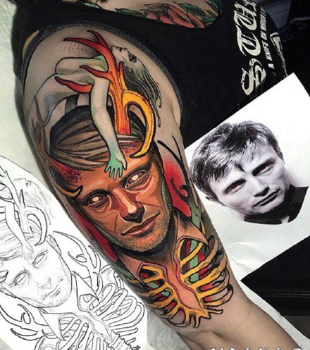 newschool风格的大彩图包臂人像纹身作品