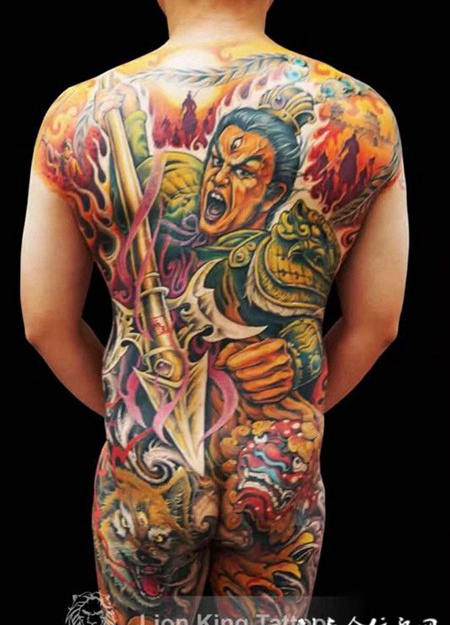 除魔卫道，满背二郎神彩绘纹身图案