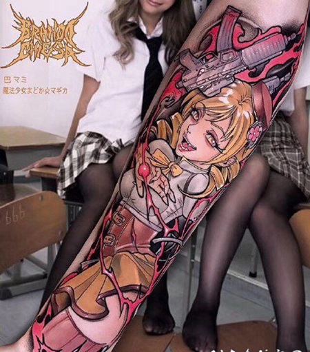 漫画纹身 日漫粉色风格的女郎纹身图片