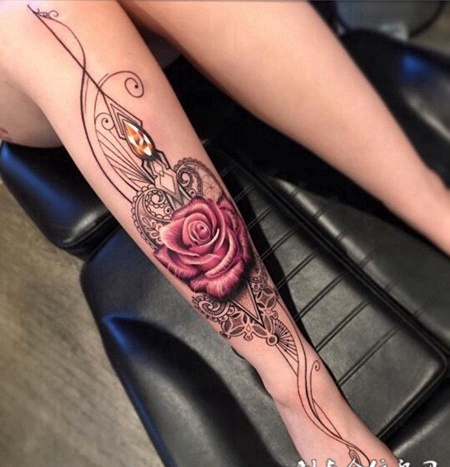 钻石玫瑰系列，美女腿部玫瑰纹身