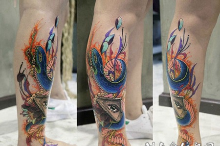 魔蛇吐信，小腿青蛇个性彩绘纹身