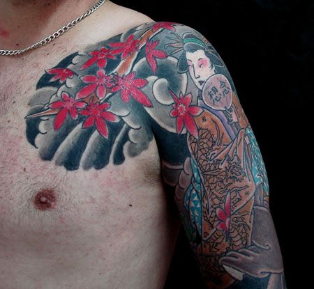 半甲彩色仕女纹身图案