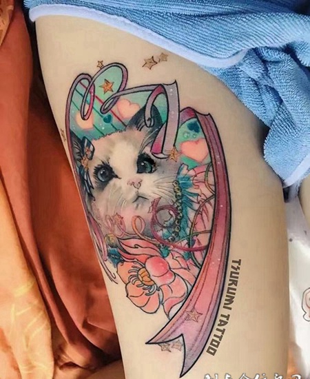 喵星人的荣耀，大腿可爱的猫咪彩绘纹身