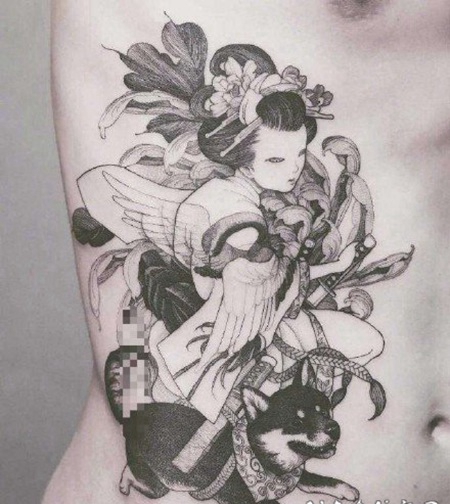 精致的黑灰艺妓纹身图片