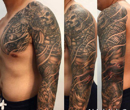 新传统风格的帅气花臂纹身作品