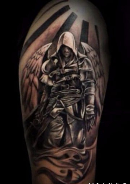 欧美黑灰色3d立体写实包大臂纹身作品