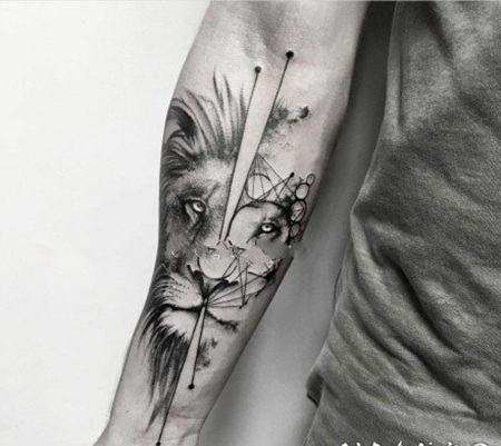 黑灰帅气的几何图形狮子纹身图片