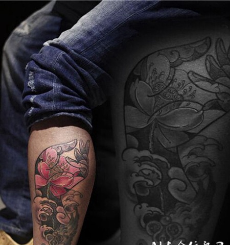 腿部佛手莲花纹身