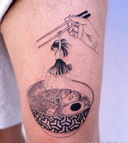 恐怖风格的日式拉面纹身图案