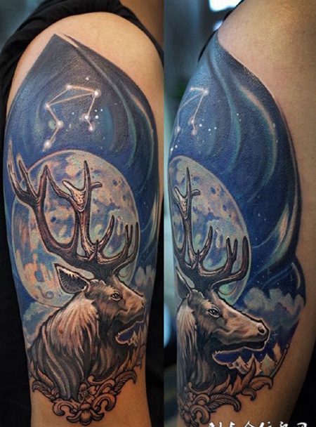 黑夜的精灵，手臂唯美月夜麋鹿彩绘纹身